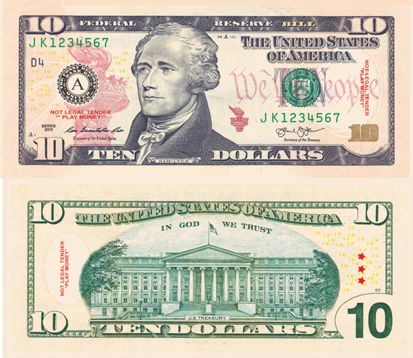 Money, 10 dollar, 10 dollar bill, movie prop bill, 100 percent cotton, cranes crest