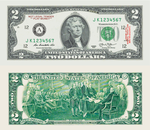 Money, 2 dollar, 2 dollar bill, movie prop bill, 100 percent cotton, cranes crest