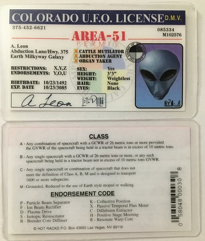ufo, ufo license, alien license, alien drivers license, Colorado, Colorada ufo license, alien products


