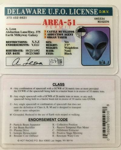 ufo, ufo license, alien license, alien drivers license,delawear ,  ufo license, alien products
