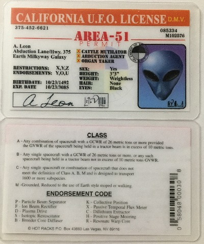 ufo, ufo license, alien license, alien drivers license, californa, californa ufo license, alien products