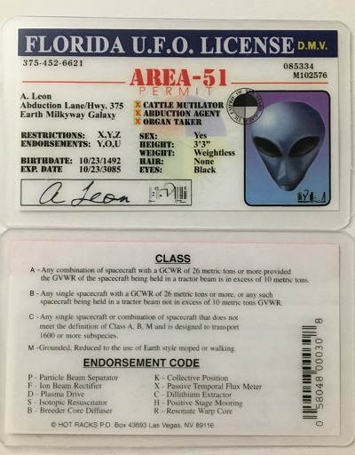 ufo, ufo license, alien license, alien drivers license, florida, florida ufo license, alien products
