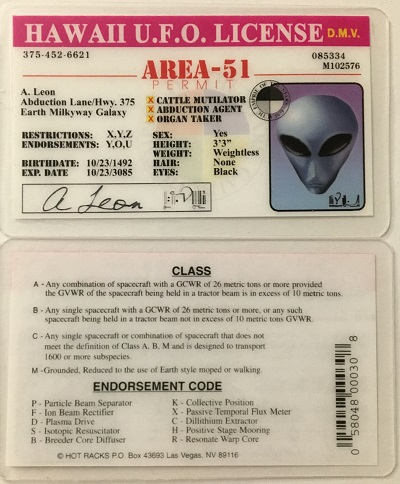 ufo, ufo license, alien license, alien drivers license, hawaii, hawaii ufo license, alien products

