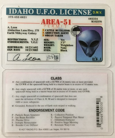ufo, ufo license, alien license, alien drivers license, idaho, idaho ufo license, alien products

