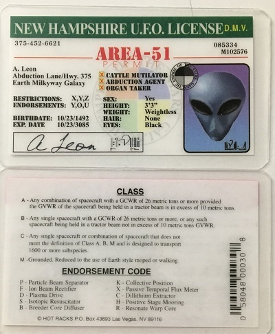 ufo, ufo license, alien license, alien drivers license, newhampshire, newhampshire ufo license, alien products