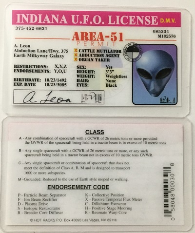 ufo, ufo license, alien license, alien drivers license, indiana, indiana ufo license, alien products
