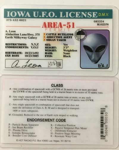 ufo, ufo license, alien license, alien drivers license, iowa, iowa,ufo license, alien products
