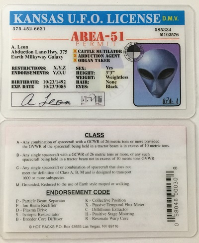 ufo, ufo license, alien license, alien drivers license, kansas, kansas ufo license, alien products

