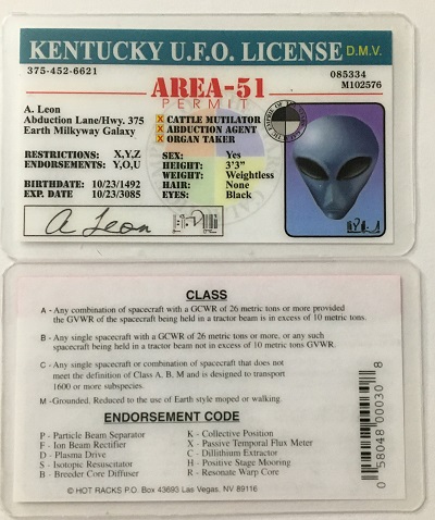 ufo, ufo license, alien license, alien drivers license, kentucky, kentucky ufo license, alien products
