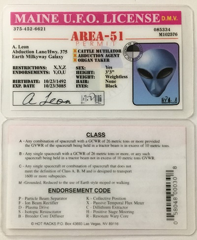 ufo, ufo license, alien license, alien drivers license, maine, maine ufo license, alien products
