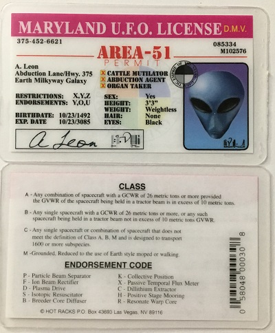 ufo, ufo license, alien license, alien drivers license, maryland, maryland ufo license, alien products
