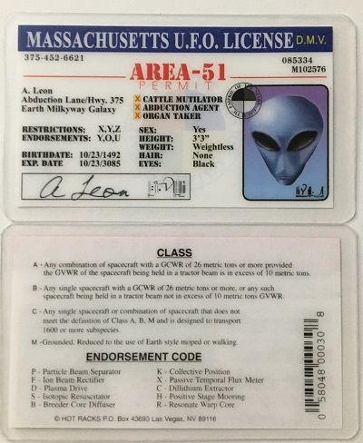 ufo, ufo license, alien license, alien drivers license, massachusetts, massachusetts ufo license, alien products
