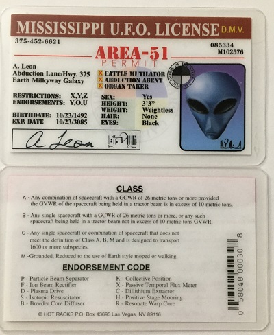 ufo, ufo license, alien license, alien drivers license, missippi, missippi ufo license, alien products
