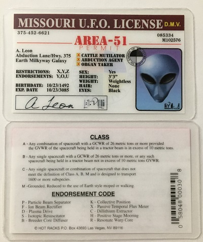 ufo, ufo license, alien license, alien drivers license, missouri, missouri ufo license, alien products
