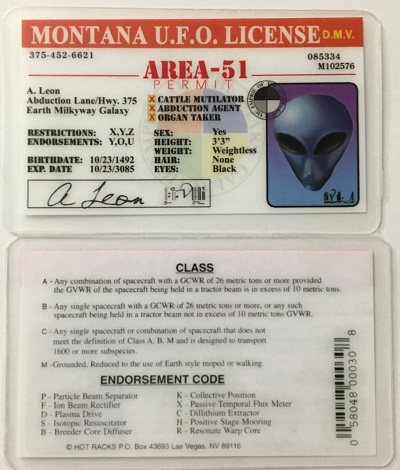 ufo, ufo license, alien license, alien drivers license, montana, montana ufo license, alien products
