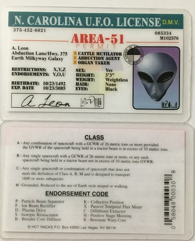 ufo, ufo license, alien license, alien drivers license, north_carolina , north_carolina  ufo license, alien products
