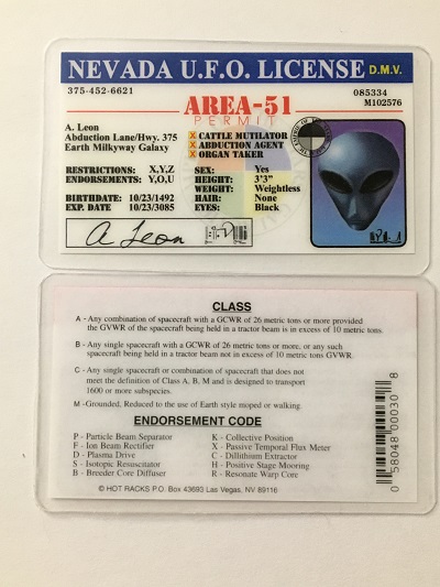 ufo, ufo license, alien license, alien drivers license, nevada, nevada ufo license, alien products
