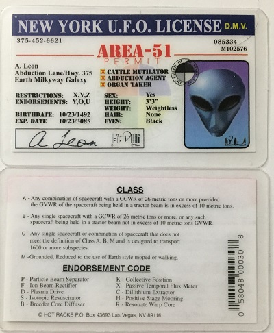 ufo, ufo license, alien license, alien drivers license, new york , new york  ufo license, alien products
